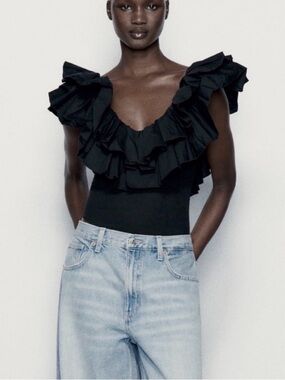Zara Ruffled V-Neck Black Women's Top Sz L